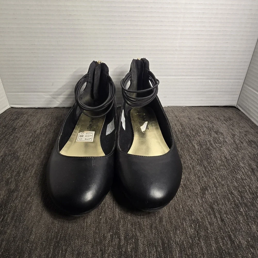 Nine West Girls Black Ankle Strap Ballet Flats Round Toe Back Zip Size 3